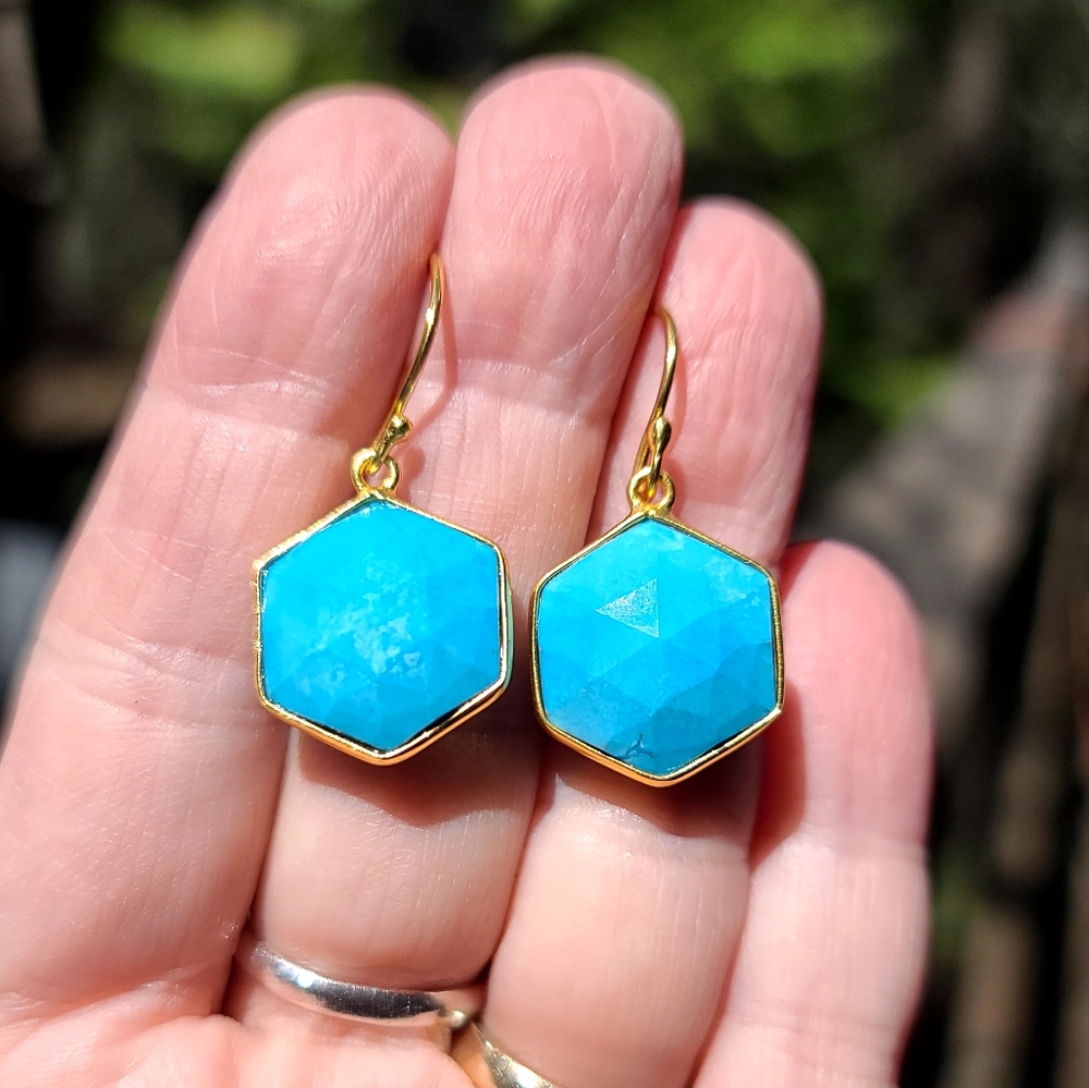 Turquoise faceted sterling & gold dramatic earrings - Picture 6 of 6